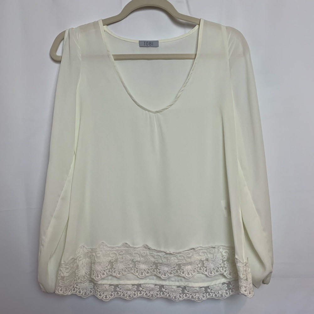 TOBI Sheer Ivory Split Sleeve Blouse w/Lace Sz XS
